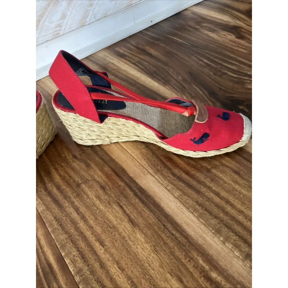 Women's Ralph Lauren Cala Wedge Sandal Espadrilles Size 8 Red, Navy Whales